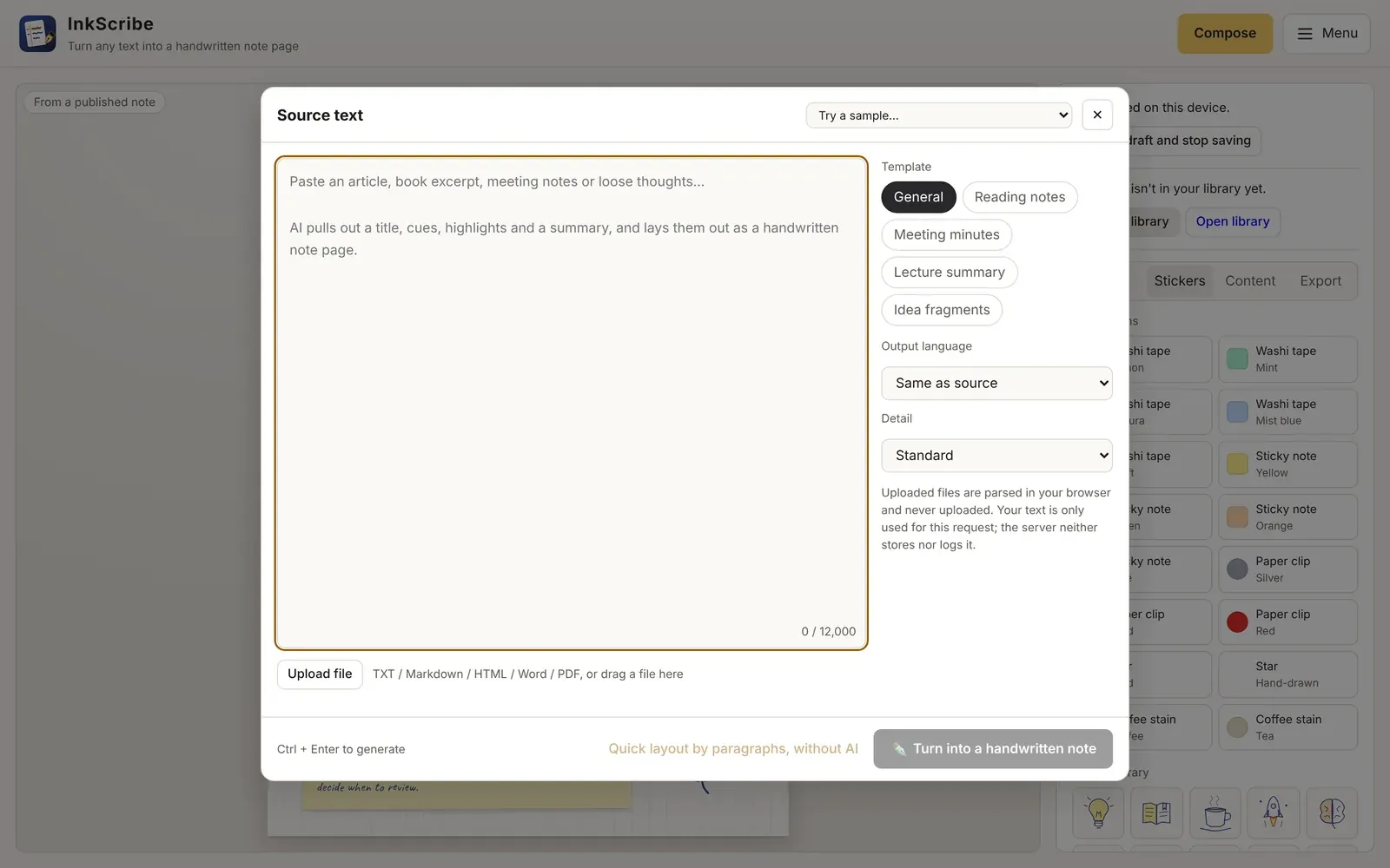 The Compose dialog, with a large text area, template chips, output language and detail selectors, and an Upload file button