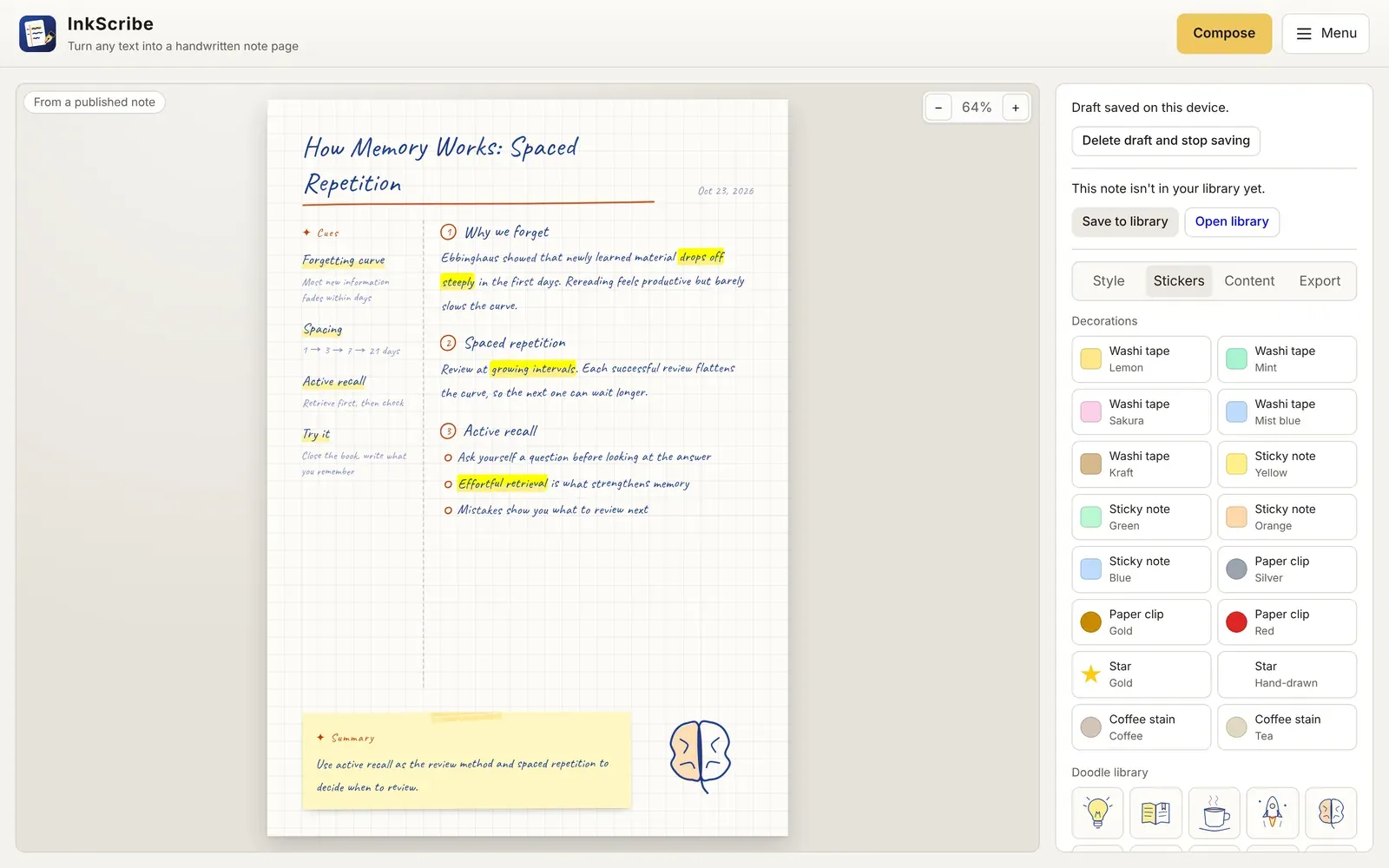 The InkScribe editor with a Cornell note on grid paper and the Stickers panel open, showing washi tape, sticky notes, paper clips, stars, coffee stains, and a doodle library