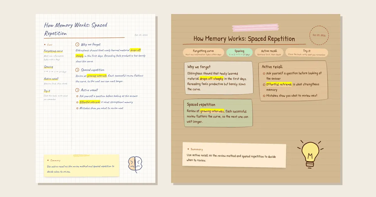 Two InkScribe notes from the same content: a Cornell-style page on grid paper in blue ink, and a free-form journal page on kraft paper with cue pills and colored cards