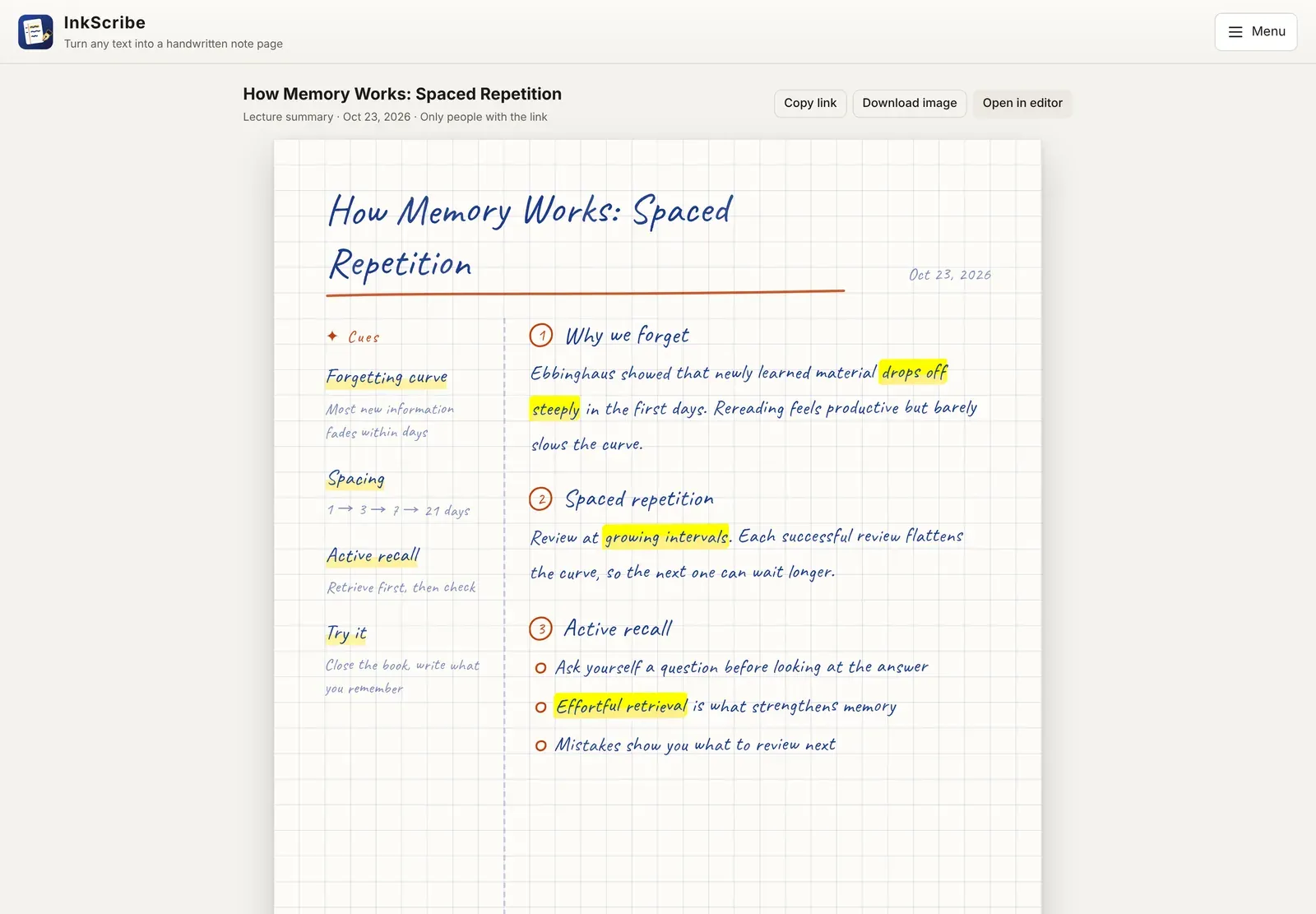 A published InkScribe note on its viewer page, with Copy link, Download image, and Open in editor buttons above the page